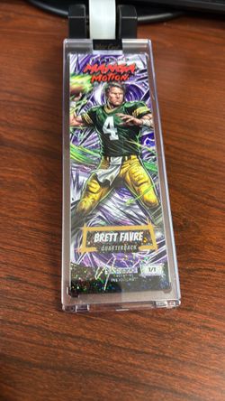 rare 1/1 "Manga Motion" trading card featuring Green Bay Packers quarterback Brett Favre, marked as a National Exclusive from Chicago,