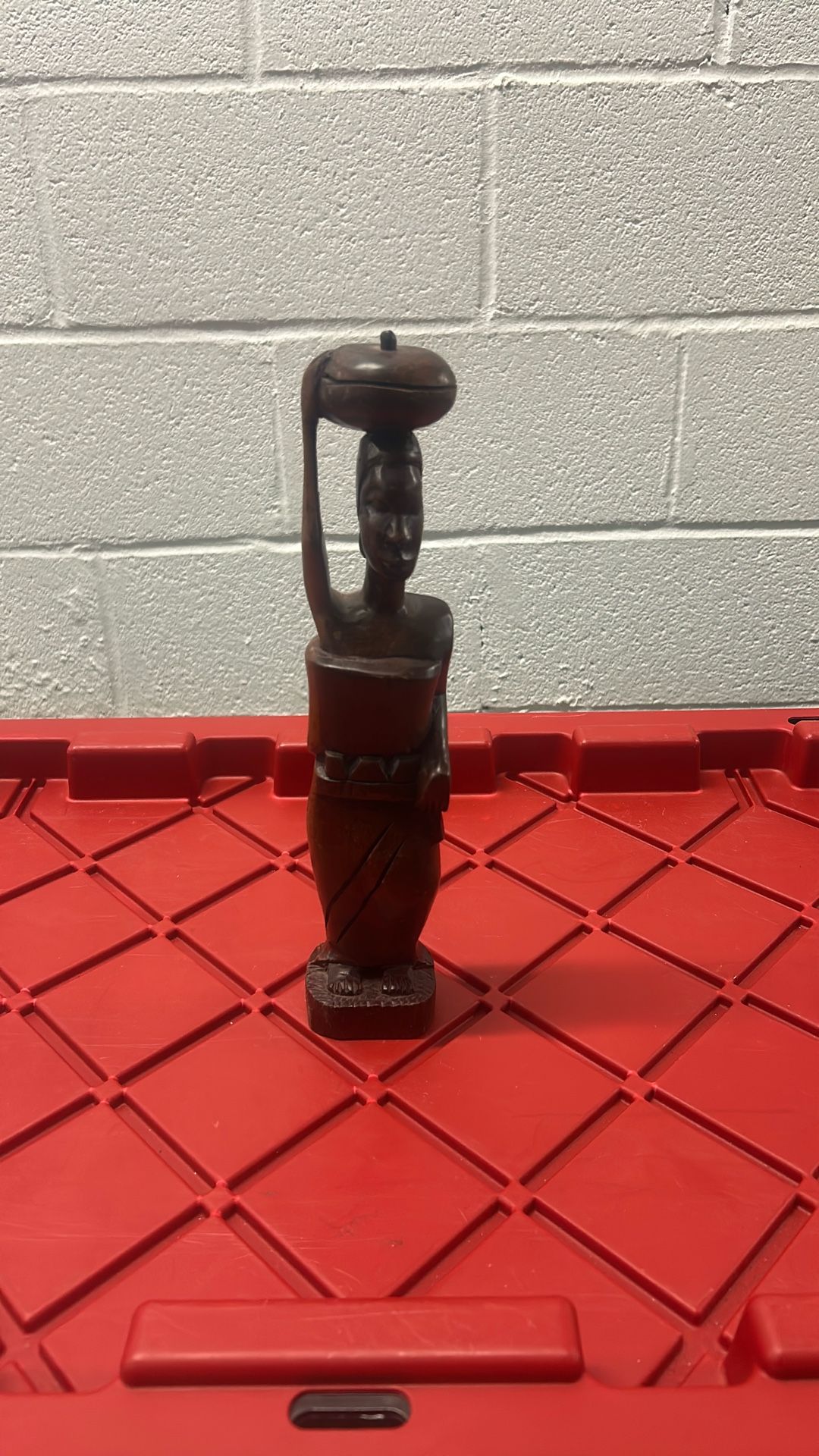 Vintage African Sculpture of Woman Carrying Basket on her Head And Baby On Back