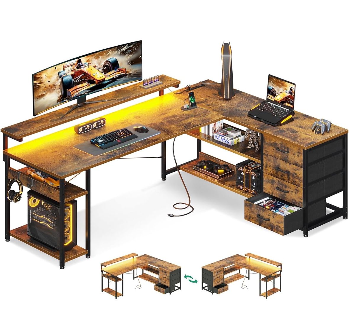 69 Inch Brown L Shape Desk