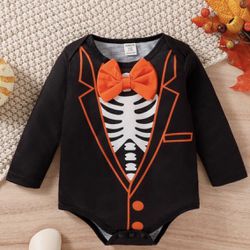 Halloween Baby Skeleton Print Bodysuit With Front Tie/ 6-9 Month