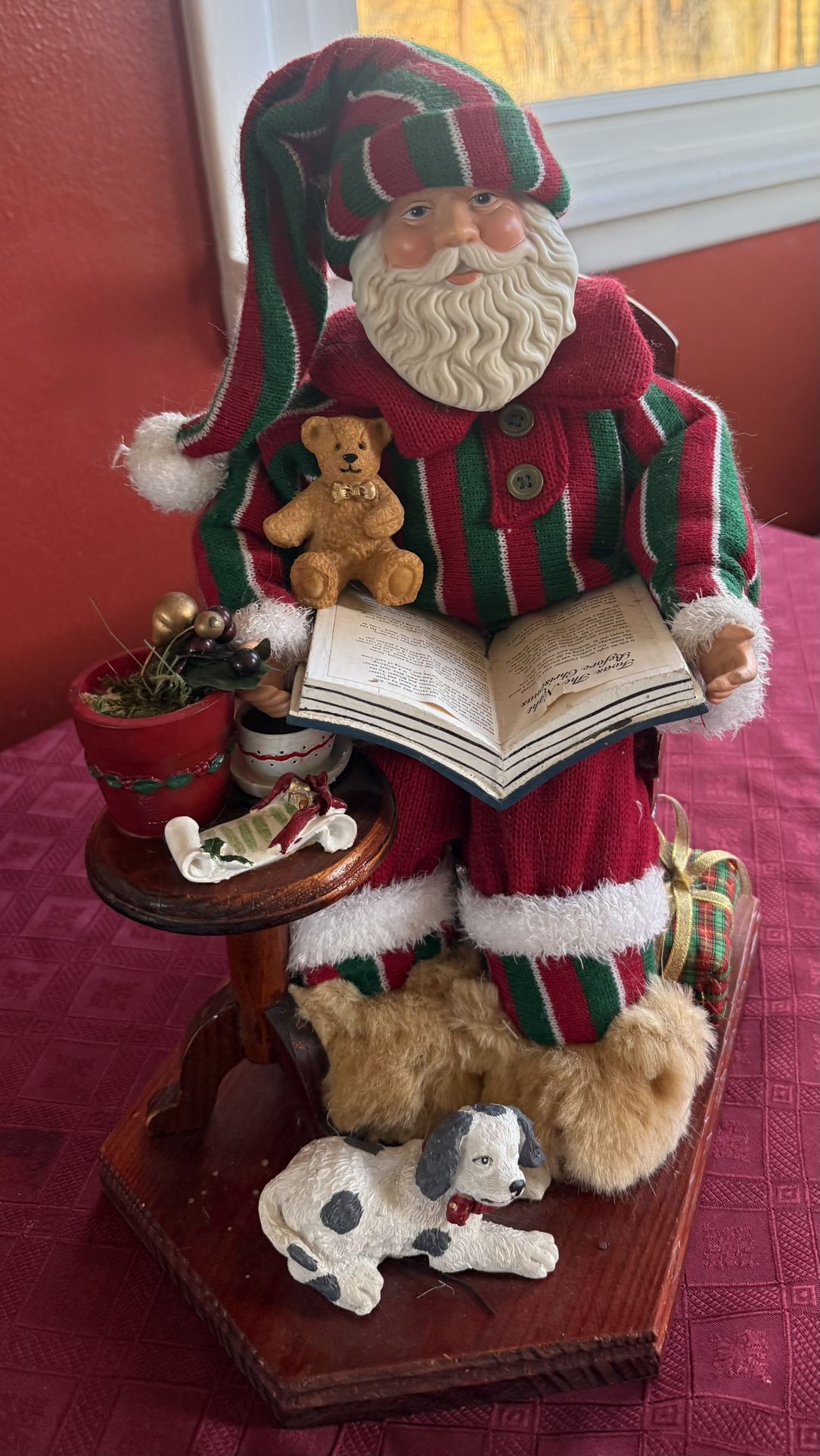Vintage Santa in Wooden Chair Reading The Night Before Christmas Book Statue