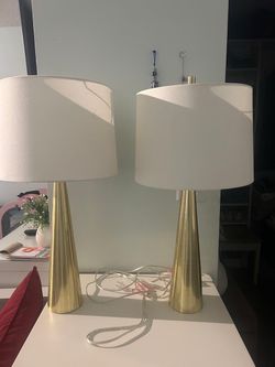 Pair of Gold Table Lamps with White Shades