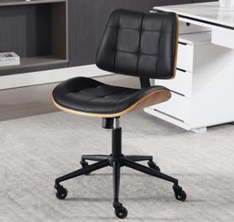 Home Office Desk Chair with Wheels, Adjustable Height Armless Office Chair, PU Leather Mid Back 360° Small Computer Chair, Modern Walnut Chair No Arms