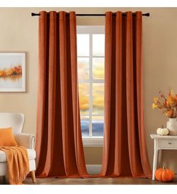 EMEMA Fall Velvet Curtains 84 Inch Length 2 Panels Set, Luxury Blackout Curtains Brown/Orange