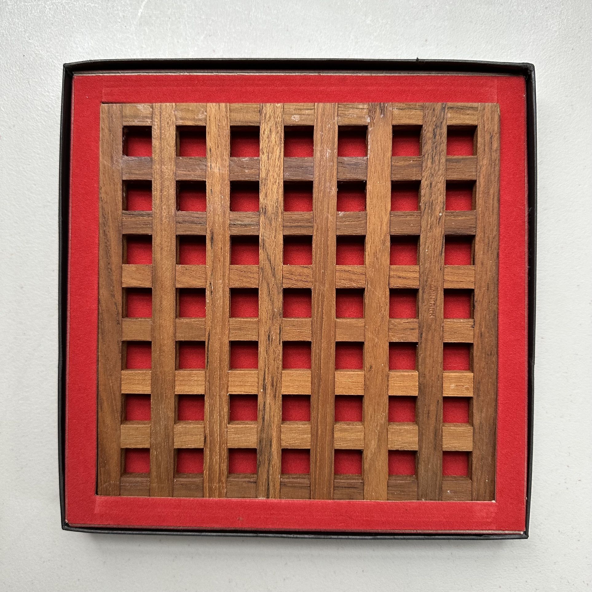 VINTAGE DANSK LATTICE TEAK TRIVET WITH ORIGINAL BOX