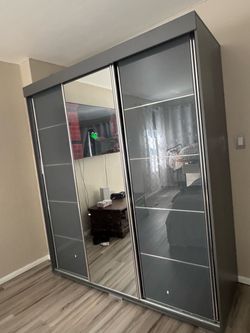 Furniture Aria 3D Wardrobe with All Mirror Doors — Spacious Storage with Multiple Shelves — Modern Bedroom Closet, 82 H x 71 W x 26 D in — Gray with M