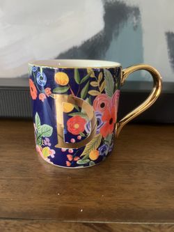 Monogram “D” Mug - Anthropologie Mug - Rifle Paper Co. Monogram Mug "D" - Floral Garden Party - Gold Handle & Rim