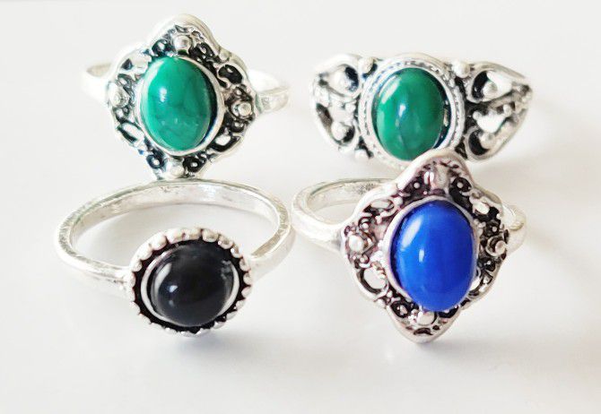 New, Lot Of 4 Colorful Bohemia Rings Size 5