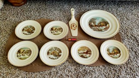 Vintage Harkerware Currier & Ives The Homestead In Winter Plates & Server Set