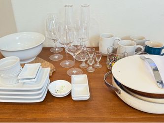 Kitchen items Caraway Le Creuset Wine Glasses Bowls etc