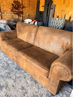 Rustic Suede Sofa with Nailhead Trim