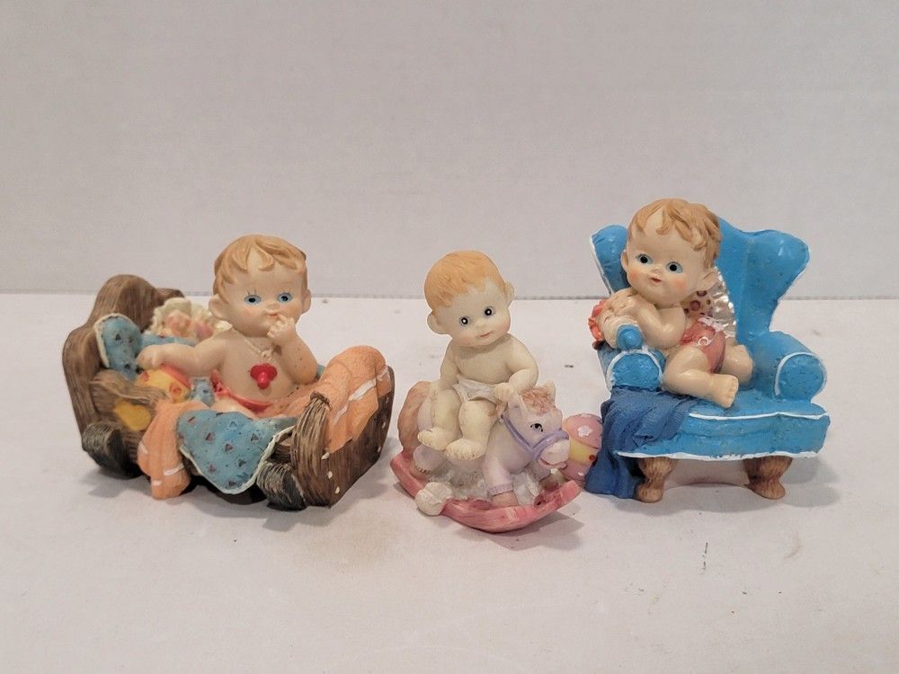 Vintage Resin Baby In Chair, Rocking Horse & Crib Figurines - Babies, Baby Boys