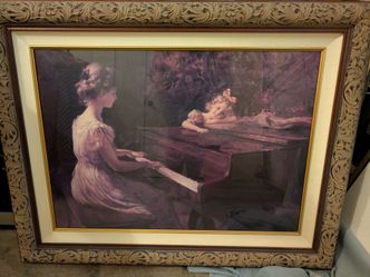 "Songs of Childhood" by Charles Courtney Curran, featuring an ornate textured frame /Lady and child with piano art 36x29"