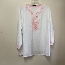 Women’s CAROL LITTLE Plus Size 100% Linen White Top With Embroidering… No Size Label… Around a Size 2X