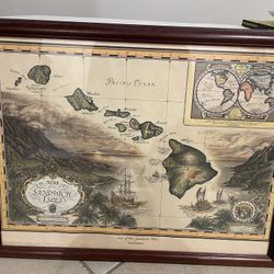 $25 OBO - Framed Wood Map Of the Sandwich Isles (Hawaii) By Blaise Domino