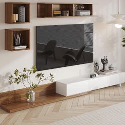 Wood Extendable TV Stand Rectangle Entertainment Center with Shelves & Drawers White & Walnut Media Console for Living Room Bedroom $350