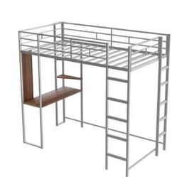 Harper & Bright Designs Silver Twin Size Metal Loft Bed with Brown Built-in Desk and 2-Shelves, 2-La 