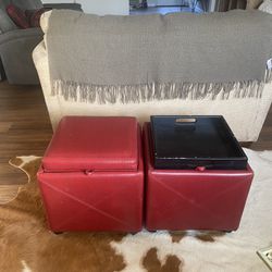 Pair Of Red Faux Leather Storage Ottomans