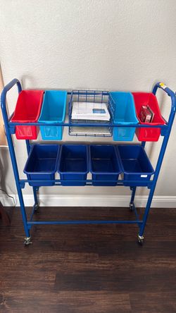 Blue Metal Rolling Storage Cart with Bins