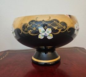 Handmade Rococo Thick Crystal Glass Dessert Candy Bowl Black/Gold 10"