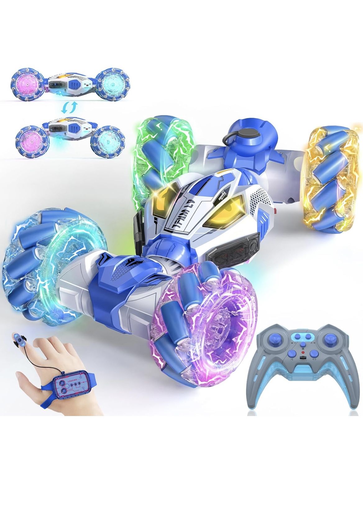 Gesture Sensing RC Stunt Cars - 4WD 360° Rotating Remote Control Transform Car | All-Terrain Off Road Vehicle with Lights Music Blue Brandnew Only p