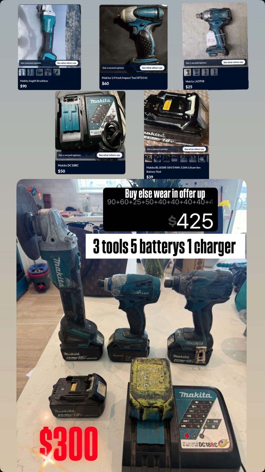 Makita 3 Tools 5 Batteries 1 Charger