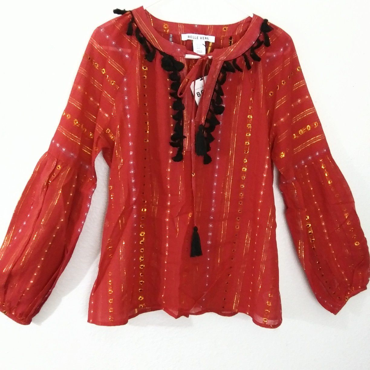 NWT Belle Vere anthropologie boho tassel long sleeve blouse Size S