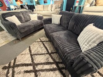 Dark Gray Ribbed Plush Sofa & Loveseat