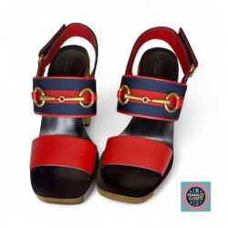 Red & navy wide-strap sandals (with horsebit detail on the upper strap)