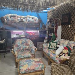 Five Piece Vintage Rattan Couch Loveseat Living Room Set