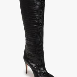 Coutgo Womens Knee High Boots Stiletto High Heels Pointed Toe Faux Crocodile Tall Boots Fall Winter Shoes
