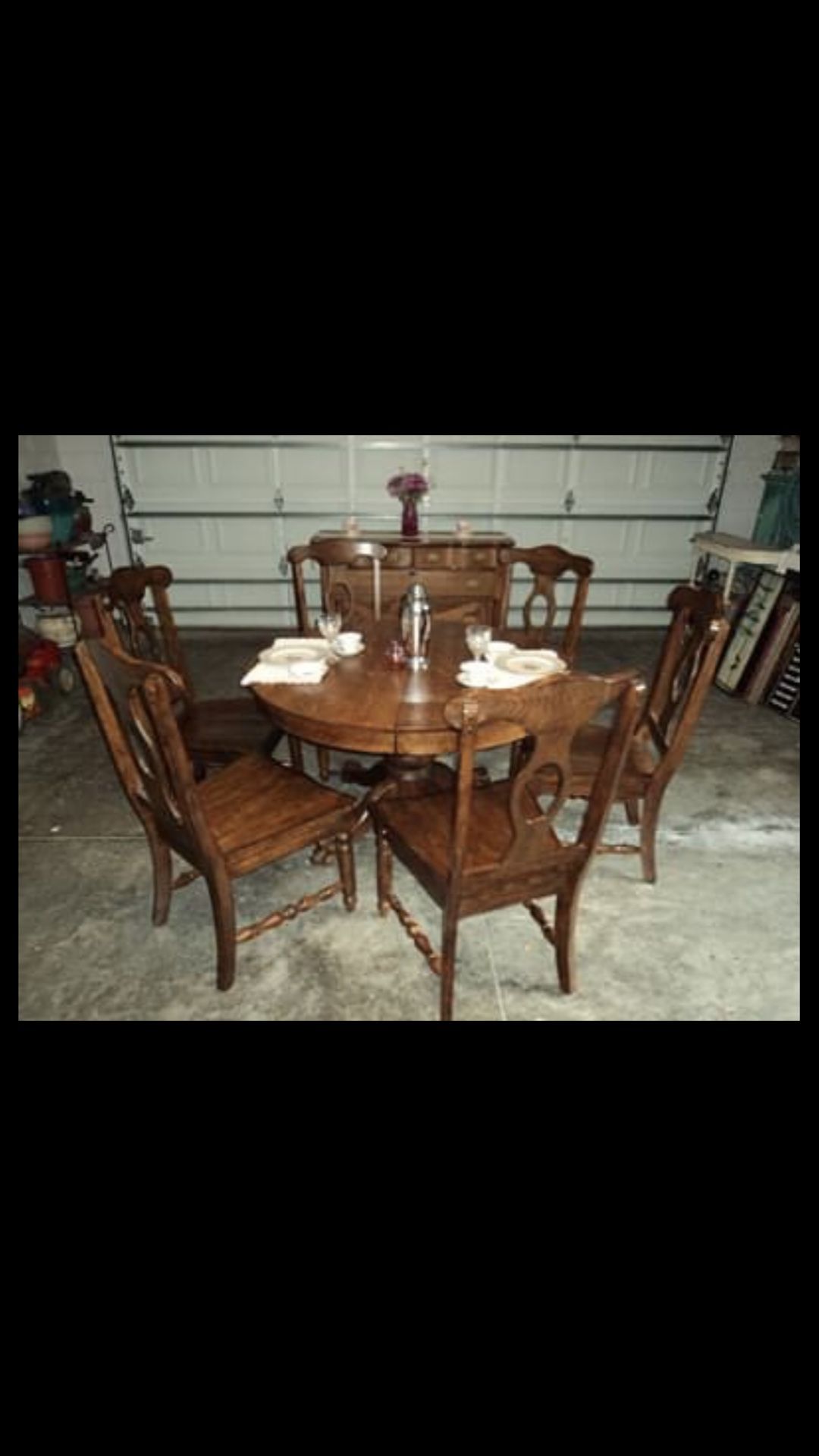 Antique restored oak table buffet set 6 chairs leaf