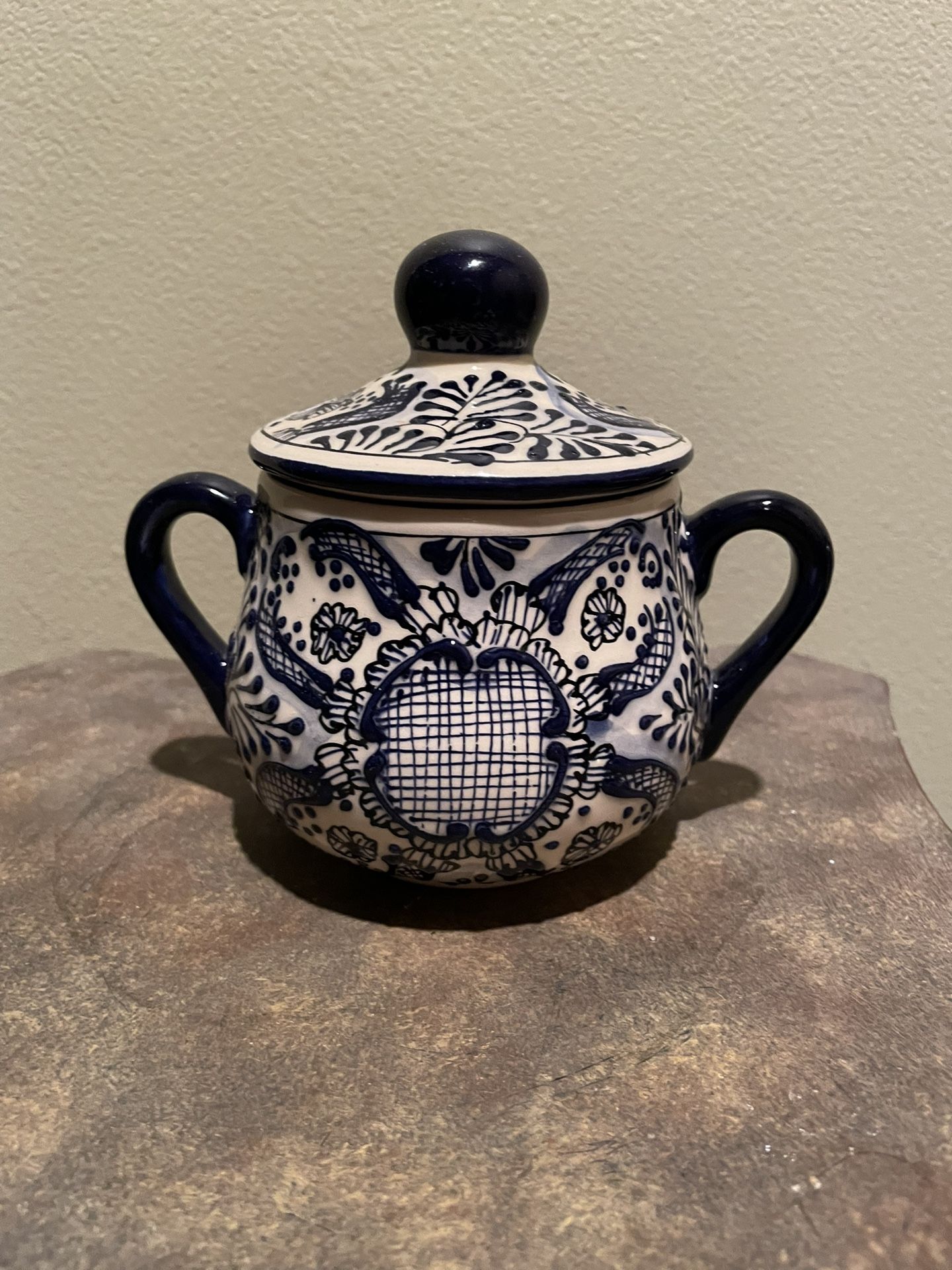 Blue and White Mexican Pottery large Sugar Bowl