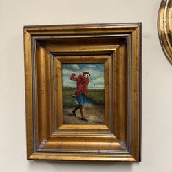 Framed Vintage Style Golfer Painting – Gold Frame Wall Art