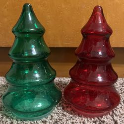Vintage 7.5” Red Green Glass Christmas Tree Candy Cannister Jar Apothecary