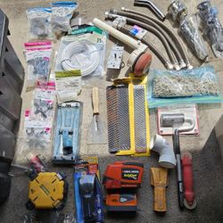 Estate Sale Tote Full Of New Plumbing Suppies, Drains  Fittings Hoses Stud Finder Etc