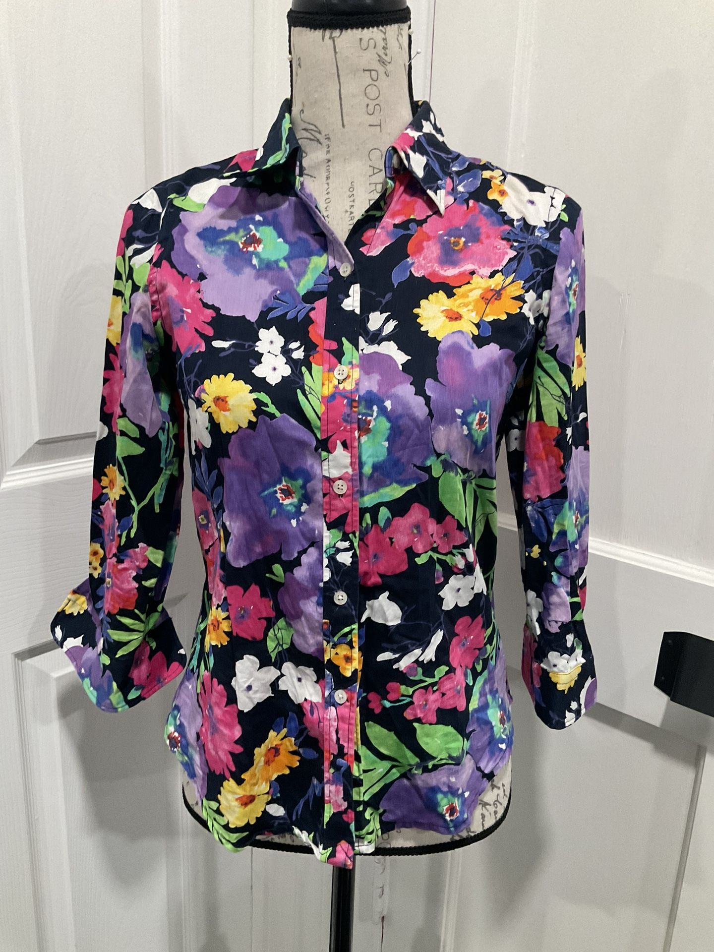 LAUREN RALPH LAUREN 3/4 SLEEVE BUTTON FRONT SHIRT TOP BLOUSE NAVY FLORAL