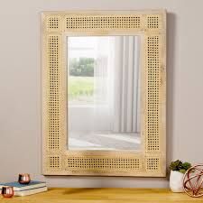 36" x 27" Natural Boho Wicker Cane Cavendish Wood Framed Mirror [NEW] **Retails for $300+ 