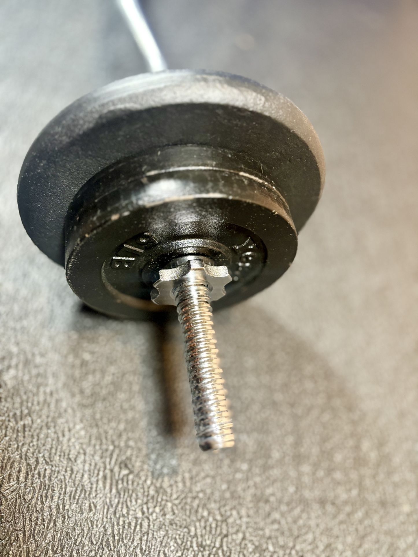 Standard Steel Curl Bar with Cast Iron Weight Plates pairs: 15#, & 4X 5 #. Total: 66 pounds