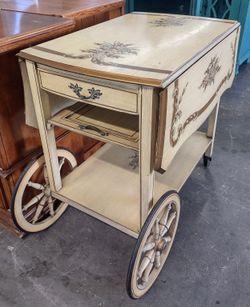 Antique Vintage French Country Provincial Rolling Serving Cart Hand Painted Drop Leaf