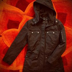  OSSINI LADIESWEAR, DARK BROWN WARM JACKET. SIZE S. RAIN COAT. LIKE NEW!