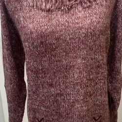 Rochelle California Vintage Knit Burgandy Fringe Turtleneck sweater size XL