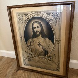 Vintage religious print features a black and white illustration of the Sacred Heart of Jesus.  Consecration 