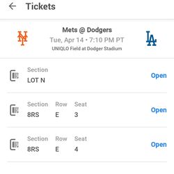 4/14 Dodgers vs Mets 2 tickets & Preferred Parking Lot N