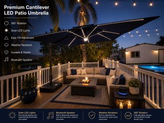 *NEW* 11’ Navy Patio Umbrella w/ Base (Solar LED & Bluetooth Speaker)