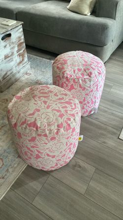 Pink and white poufs indoor/outdoor