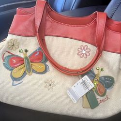 Valentine Special! Vintage Coach Lexi Butterfly Straw Satchel Bag Tote $115 OBO