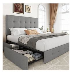 Allewie Upholstered Queen Size Platform Bed Frame with 4 Storage Drawers and Headboard,