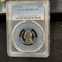 1977 S Gem Proof Jefferson Nickel Graded At PR69 With A Deep Cameo 1-2
