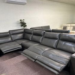Furniture- 5 Pc Genuine Top Grain Leather Sectional With 3 Power Recliners- Gabrine